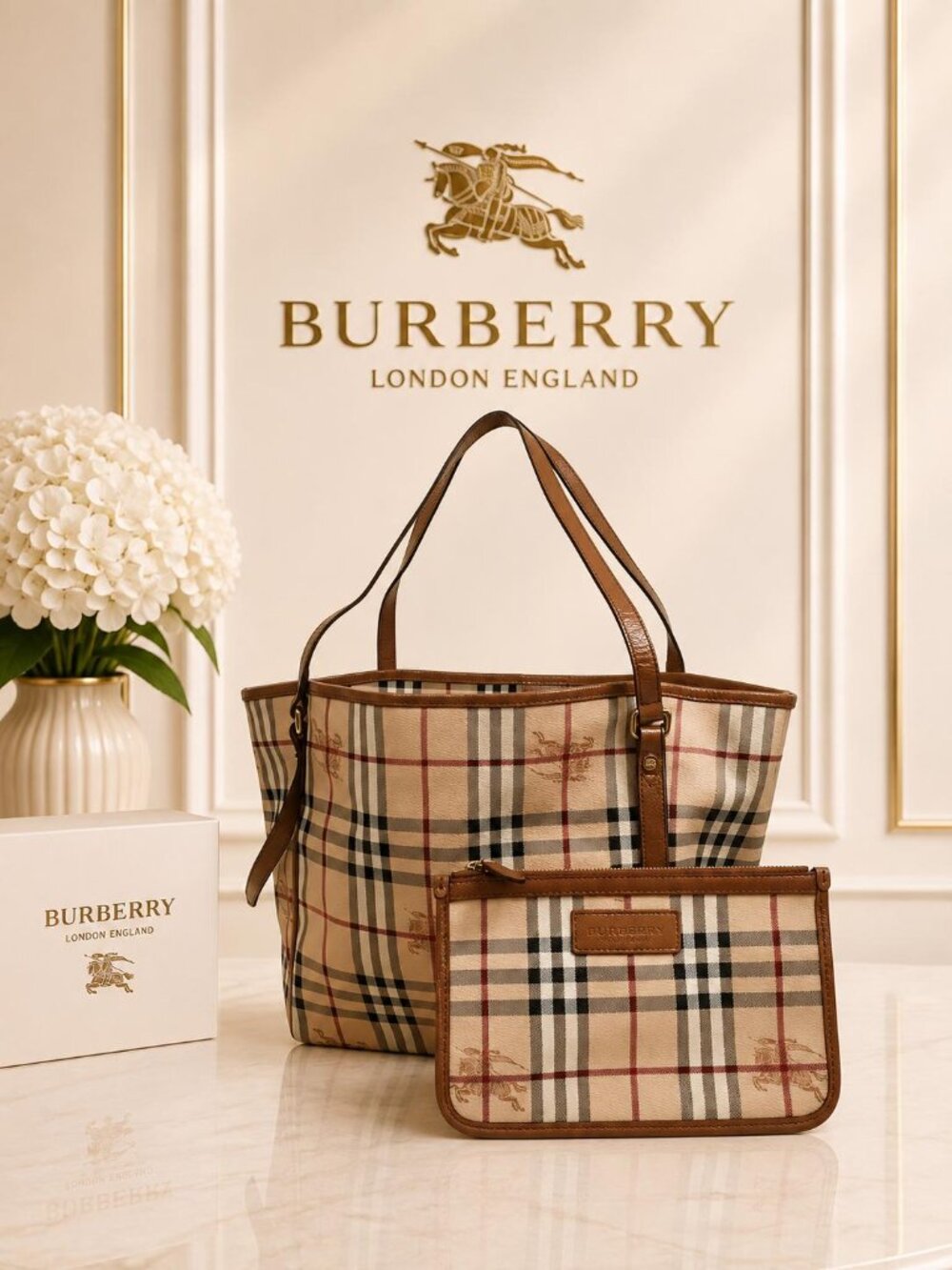 Authentic Burberry Haymarket Check Tote Bag Leather With Matching Zip Pouch